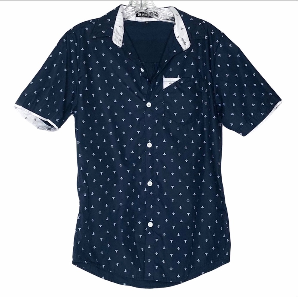 🌺 Allegra K Nautical Anchor Print Mens Button Down Navy Shirt Size 34